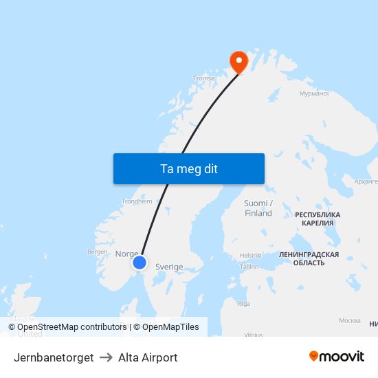 Jernbanetorget to Alta Airport map