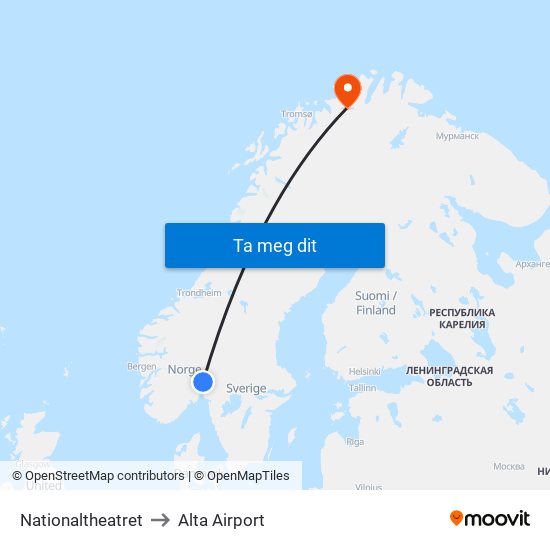 Nationaltheatret to Alta Airport map