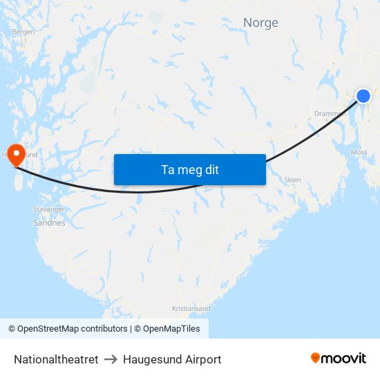 Nationaltheatret to Haugesund Airport map