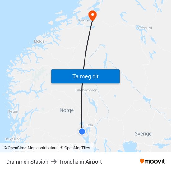 Drammen Stasjon to Trondheim Airport map