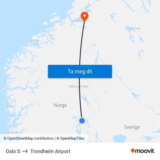 Oslo S to Trondheim Airport map