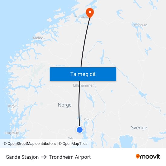 Sande Stasjon to Trondheim Airport map