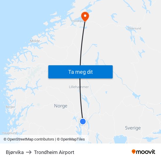 Bjørvika to Trondheim Airport map