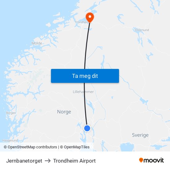 Jernbanetorget to Trondheim Airport map