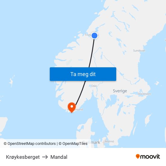 Krøykesberget to Mandal map