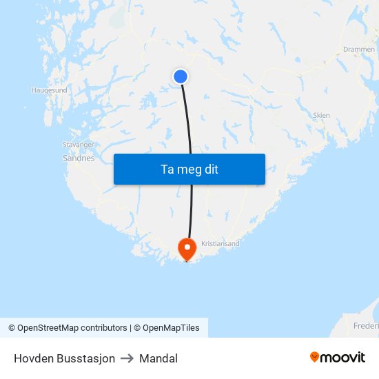 Hovden Busstasjon to Mandal map