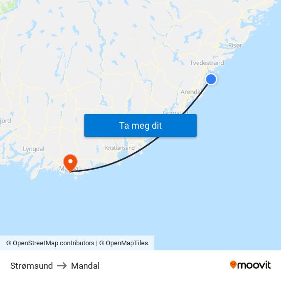 Strømsund to Mandal map