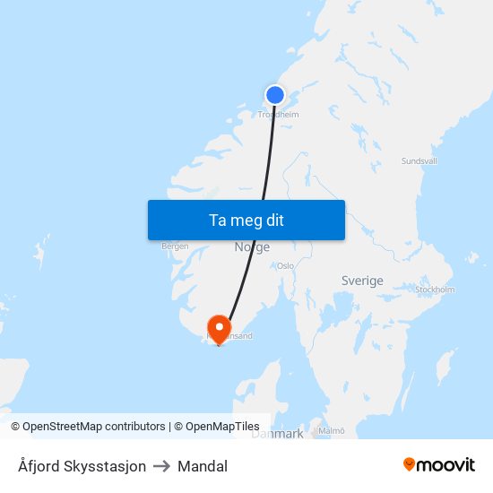 Åfjord Skysstasjon to Mandal map