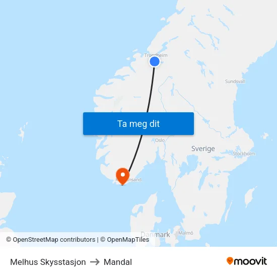 Melhus Skysstasjon to Mandal map