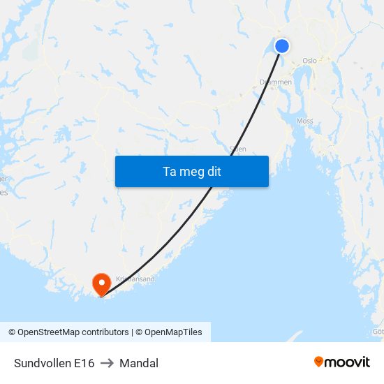 Sundvollen E16 to Mandal map