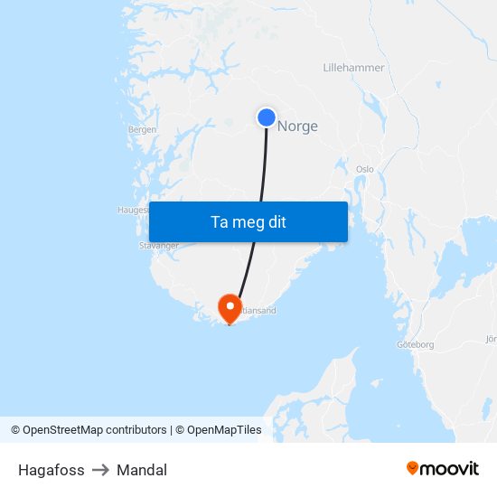 Hagafoss to Mandal map