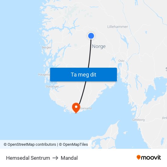 Hemsedal Sentrum to Mandal map