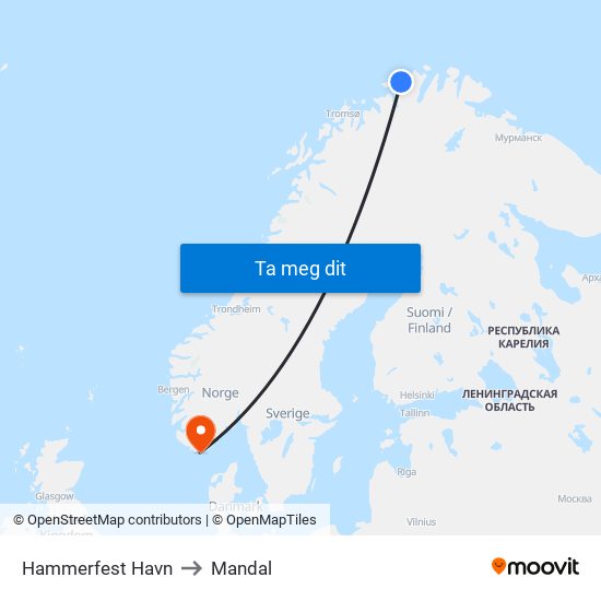 Hammerfest Havn to Mandal map