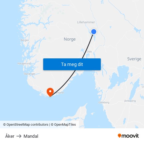 Åker to Mandal map