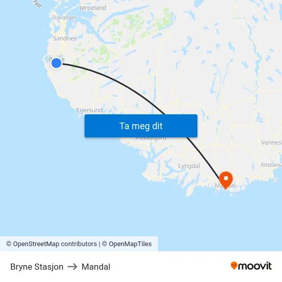Bryne Stasjon to Mandal map