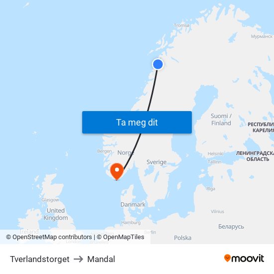 Tverlandstorget to Mandal map