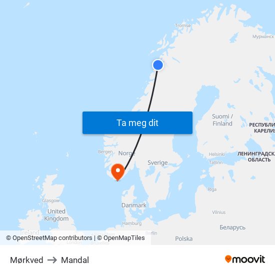 Mørkved to Mandal map