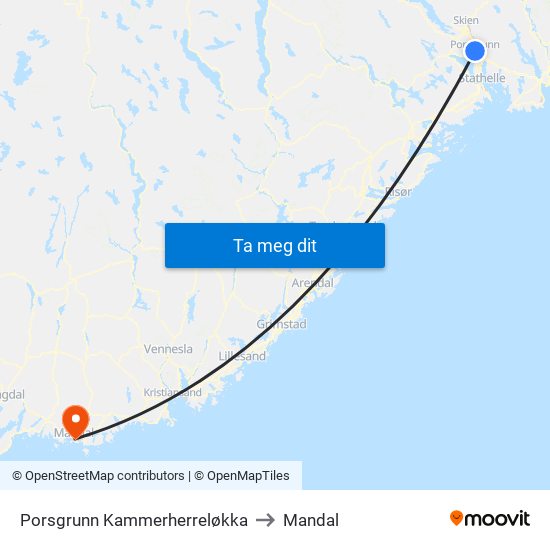 Porsgrunn Kammerherreløkka to Mandal map