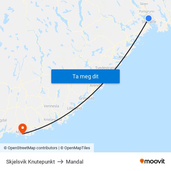 Skjelsvik Knutepunkt to Mandal map