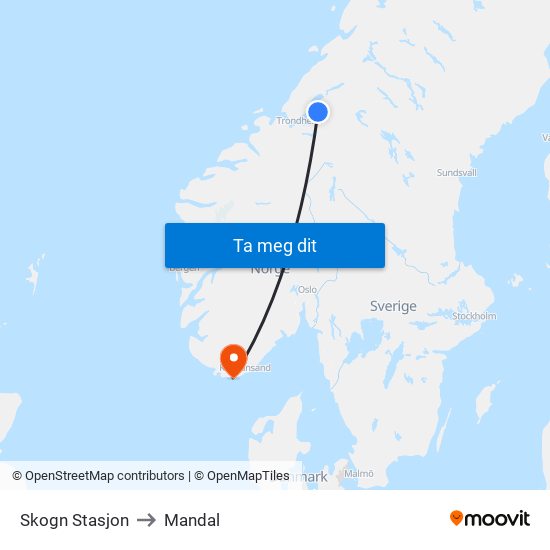 Skogn Stasjon to Mandal map