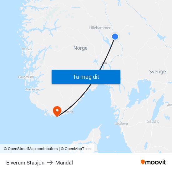 Elverum Stasjon to Mandal map