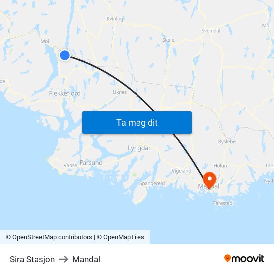 Sira Stasjon to Mandal map