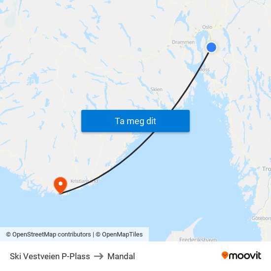 Ski Vestveien P-Plass to Mandal map