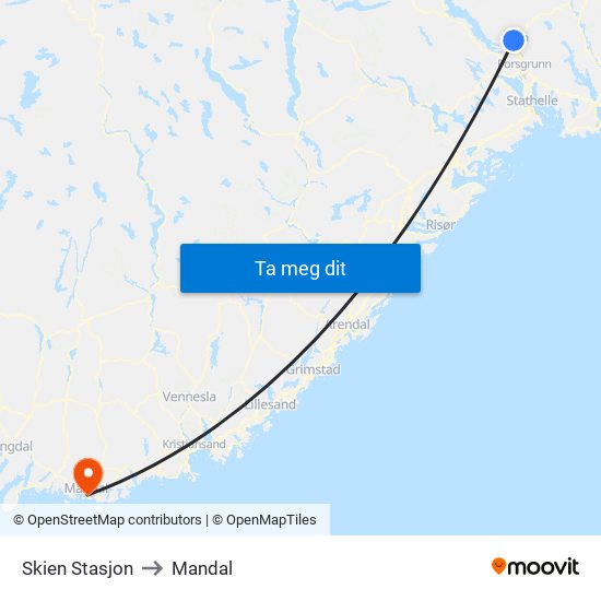 Skien Stasjon to Mandal map