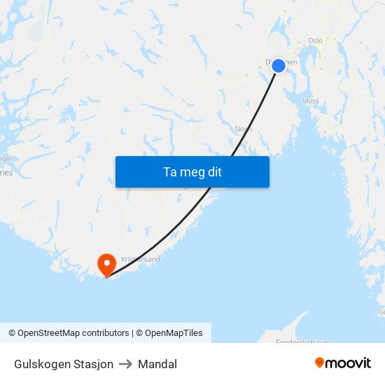 Gulskogen Stasjon to Mandal map