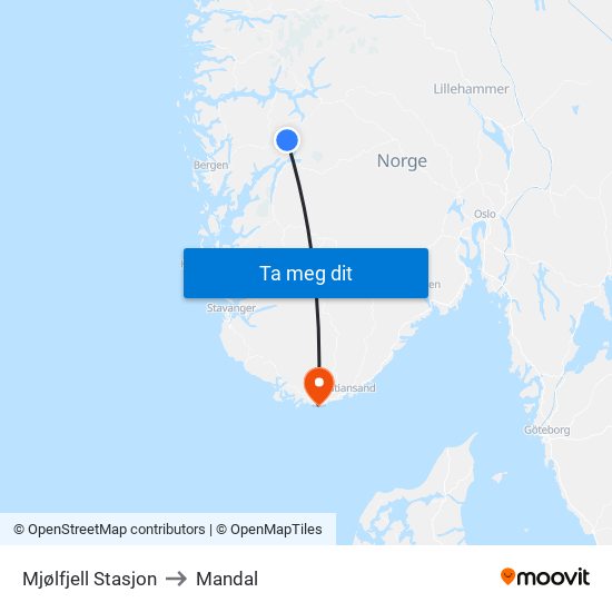 Mjølfjell Stasjon to Mandal map
