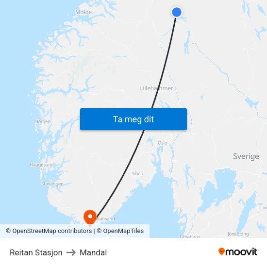Reitan Stasjon to Mandal map