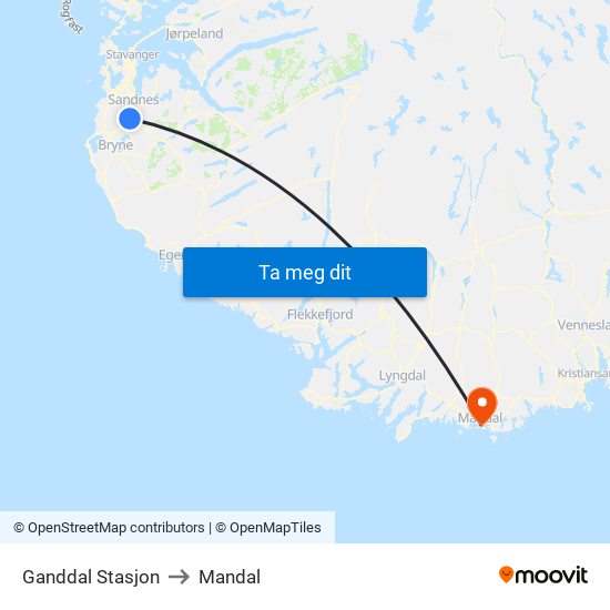 Ganddal Stasjon to Mandal map