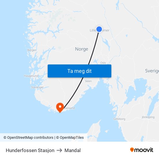 Hunderfossen Stasjon to Mandal map