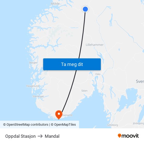 Oppdal Stasjon to Mandal map