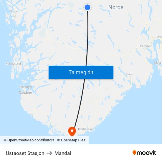 Ustaoset Stasjon to Mandal map