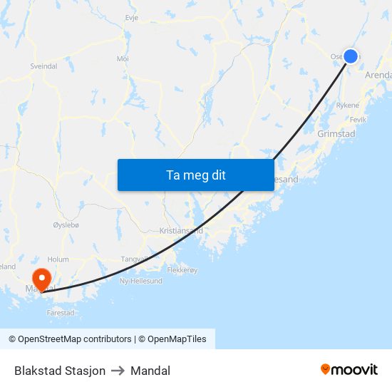 Blakstad Stasjon to Mandal map