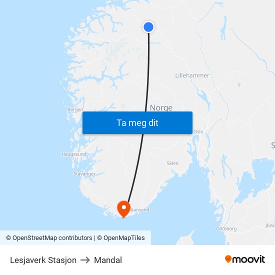 Lesjaverk Stasjon to Mandal map
