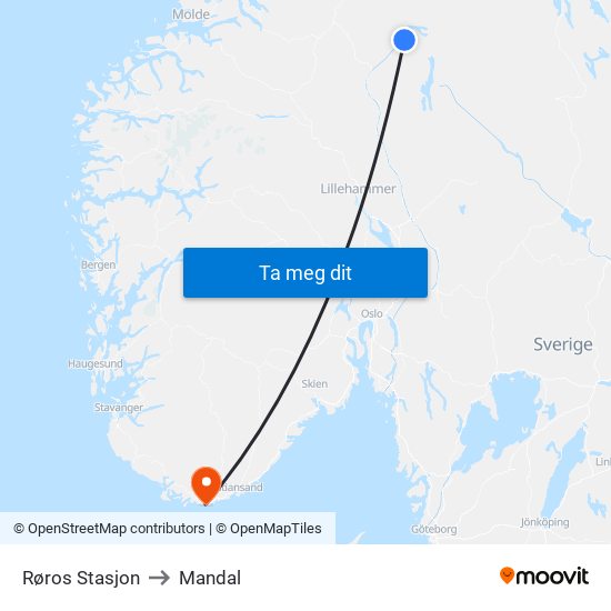 Røros Stasjon to Mandal map
