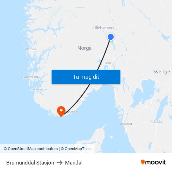 Brumunddal Stasjon to Mandal map