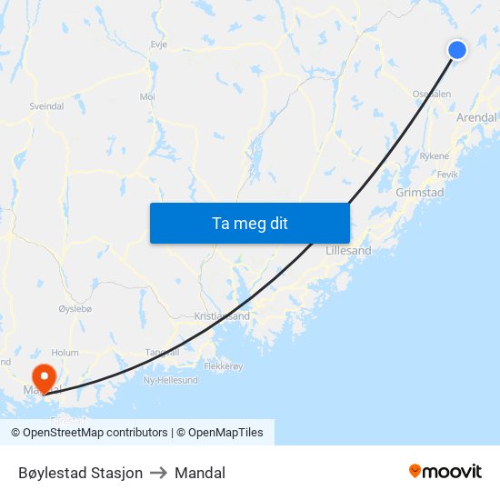 Bøylestad Stasjon to Mandal map