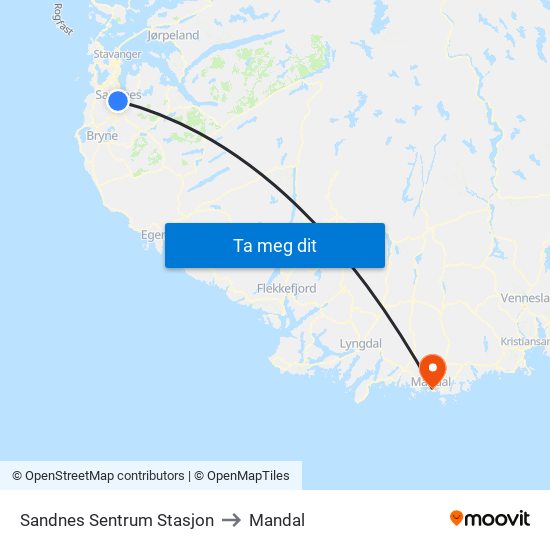 Sandnes Sentrum Stasjon to Mandal map