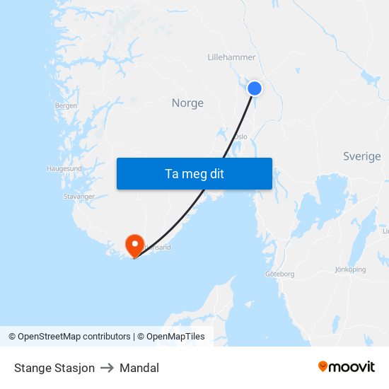 Stange Stasjon to Mandal map