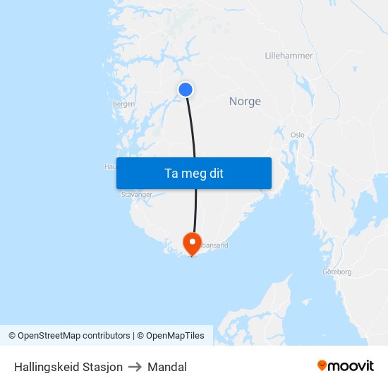 Hallingskeid Stasjon to Mandal map