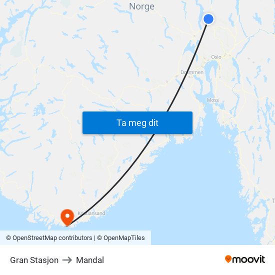 Gran Stasjon to Mandal map