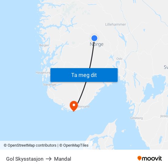 Gol Skysstasjon to Mandal map