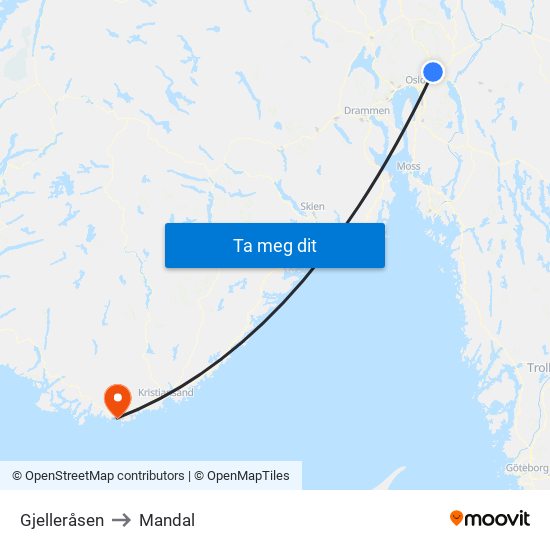 Gjelleråsen to Mandal map