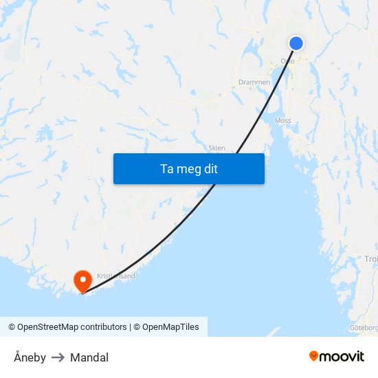 Åneby to Mandal map