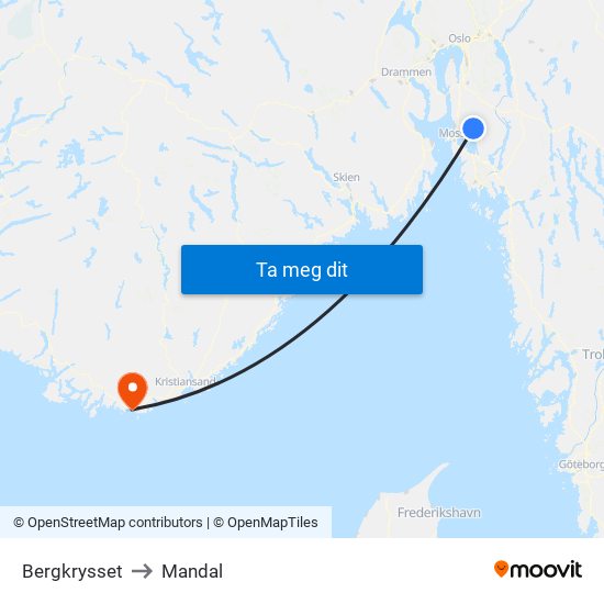 Bergkrysset to Mandal map