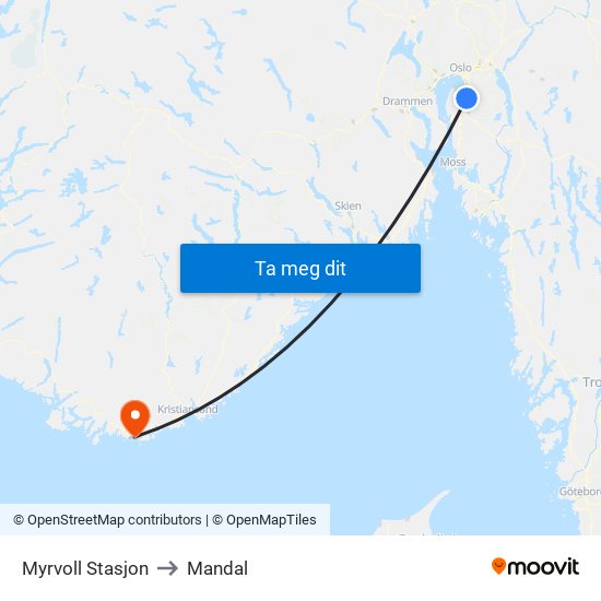 Myrvoll Stasjon to Mandal map