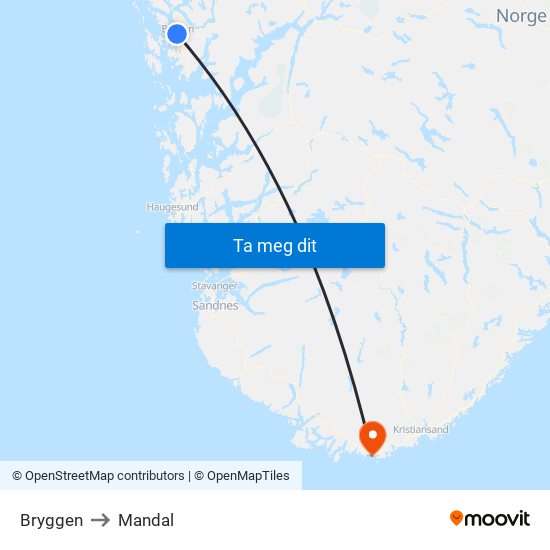 Bryggen to Mandal map